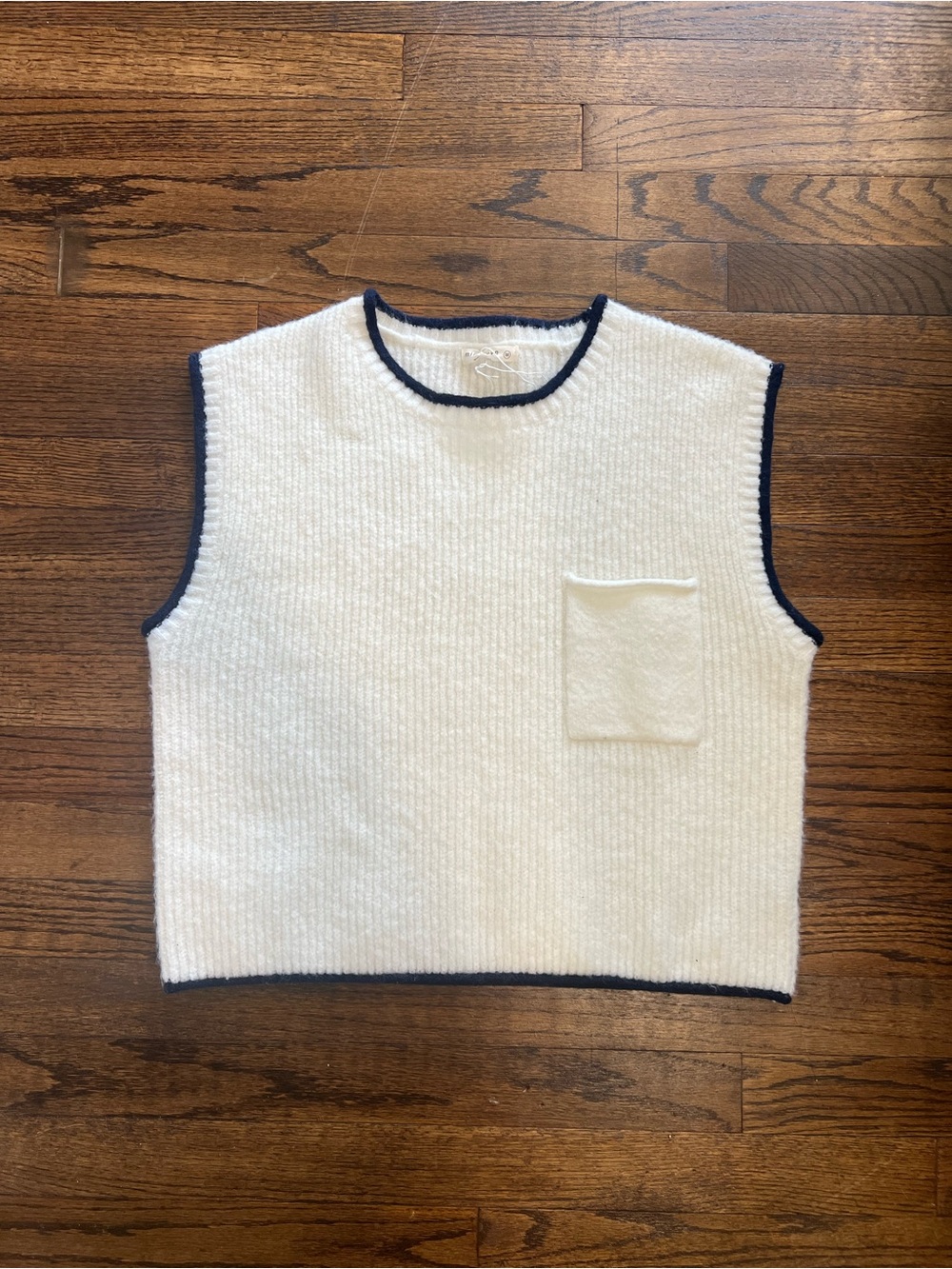 Cream Crewneck Knit Vest with Navy Trim